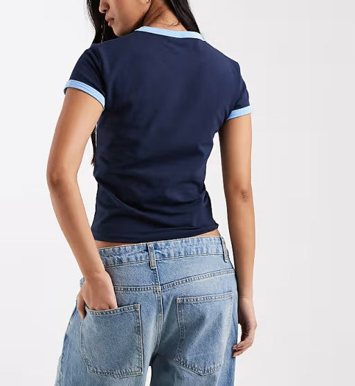 Contrast Trim Crew Neck Slim Fit Cropped Short Sleeve Tee