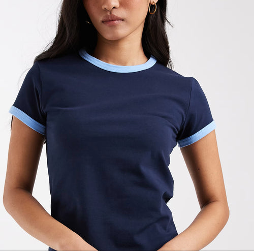 Contrast Trim Crew Neck Slim Fit Cropped Short Sleeve Tee