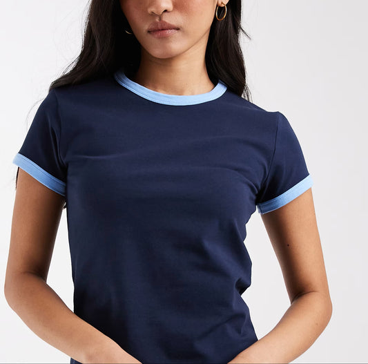 Contrast Trim Crew Neck Slim Fit Cropped Short Sleeve Tee