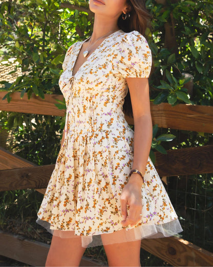 Boho Floral Puff Sleeve A‑Line Mini Dress