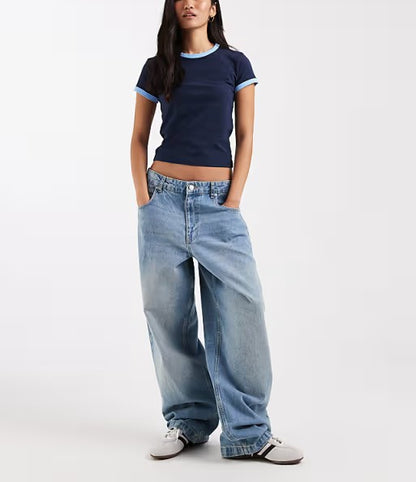 Contrast Trim Crew Neck Slim Fit Cropped Short Sleeve Tee