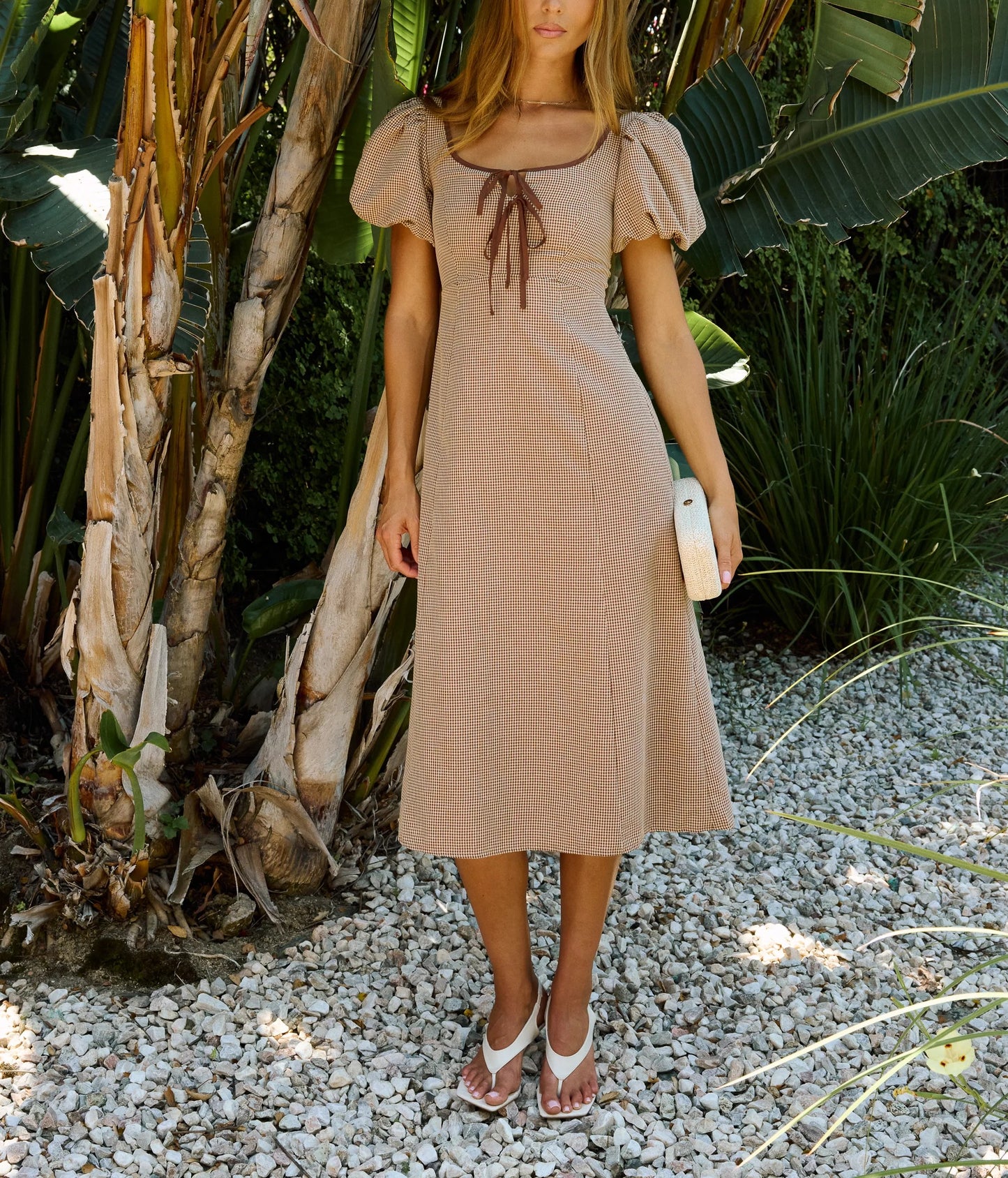 Gingham Puff Sleeve Scoop Neck Midi Dress