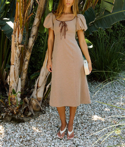 Gingham Puff Sleeve Scoop Neck Midi Dress