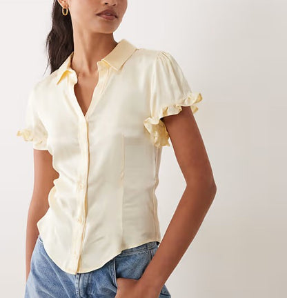 Glossy Satin Ruffle Cuff Short Sleeve Fitted Shirt