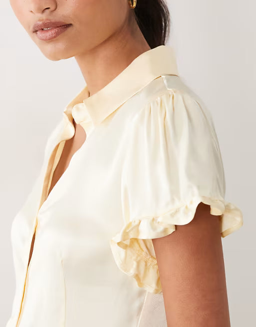 Glossy Satin Ruffle Cuff Short Sleeve Fitted Shirt