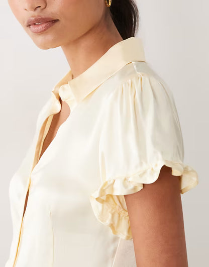 Glossy Satin Ruffle Cuff Short Sleeve Fitted Shirt