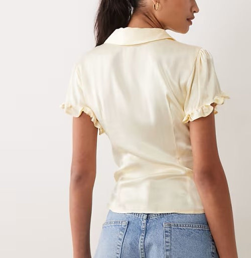 Glossy Satin Ruffle Cuff Short Sleeve Fitted Shirt