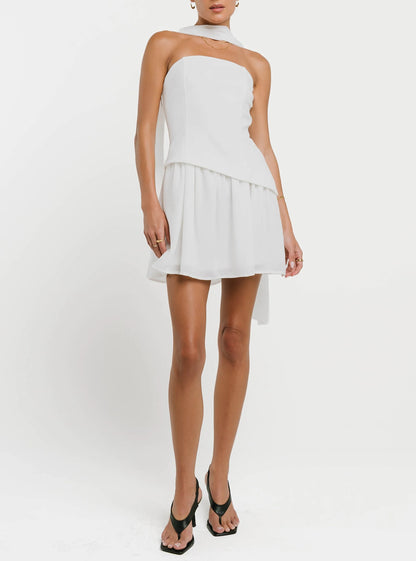 Strapless Asymmetrical Corset Back Mini Dress
